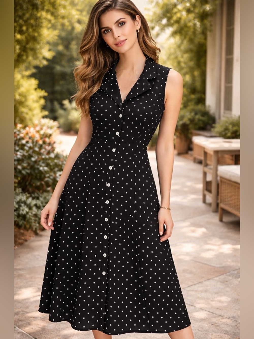 Vintage Y2K Dress Barn Black Polka Dot Button-Front Midi Dress 12